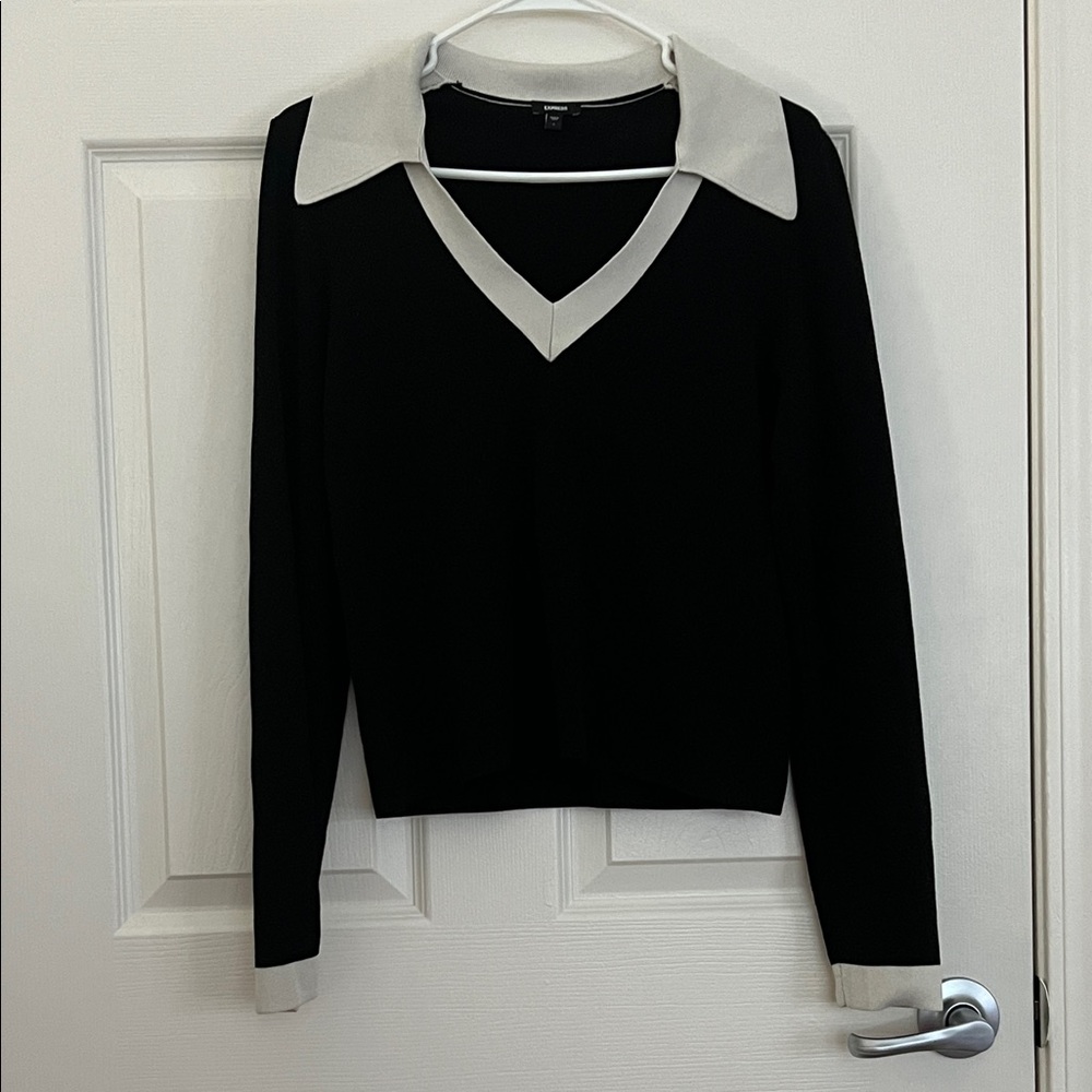 Black Sweater with Cream Collar & Cuff Detailing
